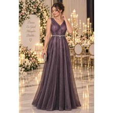 Gül&Can Butik 💜 Mor Işıltılı Taş Detaylı Abiye Elbise