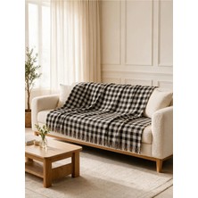 Binna Soft Koltuk Örtüsü 200X240 cm Püsküllü Çok Amaçlı Koltuk Şalı - Siyah Ekose