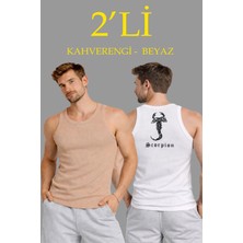 Novalisse Erkek Spor Slimfit Fitilli Kaşkorse Arka Basklı Atlet 2'li Set Kahverengi-Beyaz