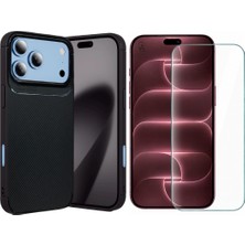 Coolacs Apple iPhone 18 Pro ile Uyumlu Karbon Tasarım Silikon Telefon Kılıfı ve Temperli Cam Ekran Koruyucu