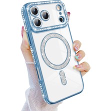 Coolacs Apple iPhone 18 Pro ile Uyumlu Kılıf Parlak Taşlı Simli M-Safe Telefon Kılıfı Kapak