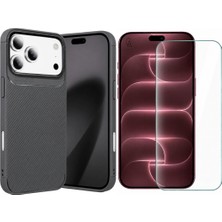 Coolacs Apple iPhone 18 Pro Max ile Uyumlu Karbon Tasarım Silikon Telefon Kılıfı ve Temperli Cam Ekran Koruyucu