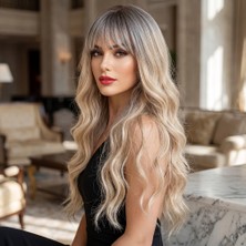Elma Shop Dalgalı Uzun Perçemli Fiber Sentetik Peruk / Küllü Platin Sarı Ombre
