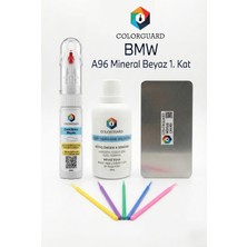 COLORGUARD BMW A96 Mineral Beyaz 1. Kat İğneli ve Fırçalı 2 si 1 Arada Rötuş Boyası Yüzey Temizleme Solüsyonu Profesyonel ve Çapaksız Rötuş Çeliği 5'li Uygulama Çubuğu Seti