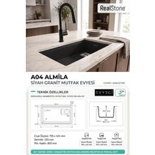 Güney Ankastre Realstone A04 Almıla 75,5 × 42,4 cm Siyah Granit Evye + Güçlendirilmiş Tek Giderli Sifon ve Montaj Seti