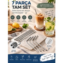 Tasarım Evi Premium 7 Parça Paslanmaz Çelik Metal Pipet Seti - 3 Düz, 3 Eğimli Pipet + Temizleme Fırçası