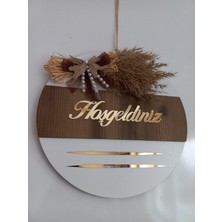 Hoşgeldiniz Yazılı Aynalı Pleksi Ahşap Kapı Süsü (Beyazkahve)