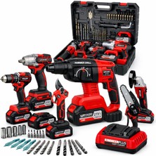 Happy Trend 6'lı Profesyonel Akülü Kombo Set – Kırıcı Delici Hilti, 13MM Metal Mandren Vidalama, Devir Ayarlı Taşlama, Somun Sıkma, Şarjlı Testere ve Budama Makası – 3 Bataryalı Tam Takım