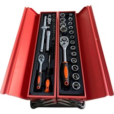 Happy Trend Parça Profesyonel Katlanabilir Metal Sandık Alet Takımı – 5 Gözlü Çanta, 1/2" & 1/4" Cırcır Lokma Seti, Kombine Anahtarlar, Pense Seti, Usta ve Ev Kullanımı Için Tamir Çantası