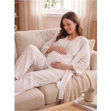 Hafsara Kadın Fisto Keten Sabahlıklı Lohusa Hamile Pijama Takımı 3'lü Set