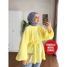 Moonsc Kadın Balon Kol Bel Bağlamalı Pamuklu Modal Kumaş Sarı Tesettür Tunik