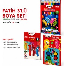 Fatih 3’lü 12 Renk Boya Seti Kuru Boya Yağlı Pastel Boya Sulu Boya ve Fırça