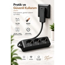 ARYES 3'lü Topraklı Priz 75 cm Bakır Kablolu Ince Yassı Fişli Dolap Mobilya Tv Ünitesi Arkası Siyah Uzatma Kablosu