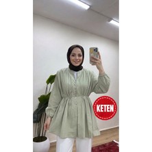 Moonsc Kadın Rahat Kalıp Nervürlü Haki Keten Tesettür Gömlek