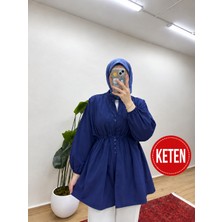 Moonsc Kadın Rahat Kalıp Nervürlü Lacivert Keten Tesettür Gömlek