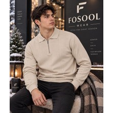 Fosool Erkek Polo Yaka Fermuarlı Triko Kazak – Uzun Kollu Şık Günlük Kışlık Kazak – Beyaz, Siyah, Kahverengi, Bej