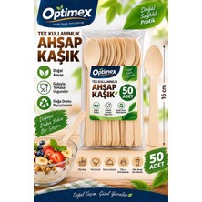 Optimex Tek Kullanımlık Ahşap Kaşık 50 Adet – 16 cm Doğal Ahşap Piknik, Parti ve Paket Servis Kaşığı