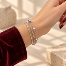 Bartuva Design Gümüş Renk Top Detaylı Üç Sıralı Zincir Kadın Bileklik