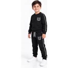 Rony Pony Kids Erkek Çocuk Siyah Kaplan Figürlü %100 Pamuk 3 İplik Şardonsuz Eşofman Takımı