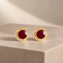 Bartuva Design Gold Renk Bordo Taşlı Dokulu Yuvarlak Kadın Küpe