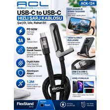 Azurtech Acl ACK-124 Usb-C To Usb-C 60W 3A Pd Hızlı Şarj Kablosu 1.2 Metre Katlanabilir Standlı Örgülü Kablo