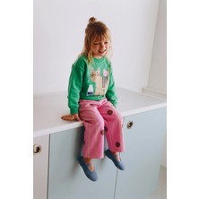 Magu Çocuk Pamuklu Kedi Baskılı Yeşil Sweatshirt ve Puantiyeli Pembe Eşofman Takımı