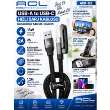 Azurtech Acl ACK-126 Usb-A To Usb-C 2A 18W Hızlı Şarj Kablosu 1.2 Metre Katlanabilir Standlı Örgülü Kablo