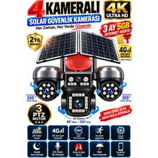 Visenox 4g Solar Güvenlik Kamerası 4 Kameralı 3 Ptz Çift Solar Panel Insan Takip Gece Görüş Siren IP66
