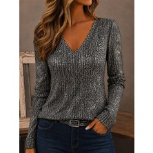 Alyn Wear Kadın Uzun Kollu V Yakalı Pulpayetli Bluz