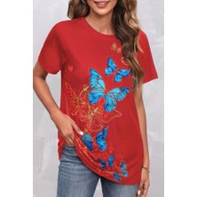 Pomeya  Kadın Kısa Kollu Mavi Sarı Kelebek Baskı Süprem T-Shirt