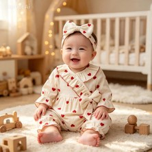 Kız Bebek Kalpli 2'lü Tulum Takım Krem Pembe Premium Baby Collection