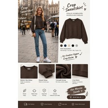 Luxic Core Luxıc Core Kadın Crop Bisiklet Yaka Sweatshirt Pamuklu Yumuşak Dokulu Günlük Spor Sweatshirt - Kahverengi