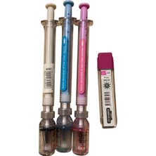 Marber Covıd-19 Coronavirus Vaccine Aşı Şırınga Tükenmez Kalem Seti 3'lü - Beyaz Mavi Pembe + 0.7 2b Versatil Uç Hediyeli