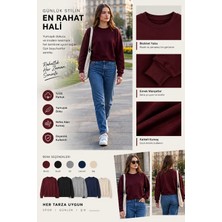 Luxic Core Luxıc Core Kadın Crop Bisiklet Yaka Sweatshirt Pamuklu Yumuşak Dokulu Günlük Spor Sweatshirt - Bordo