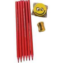 Belirtilmemiş Kırmızı Kurşun Kalem 6'lı Set + Gülen Yüz Silgi + Sarı Kalemtıraş Okul Seti