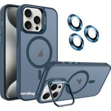 Corcishop iPhone 16 Pro Max Uyumlu Kılıf Açılır Kamera Stand Magsafeli Mat Renkli Şeffaf + Lens Koruyucu Set