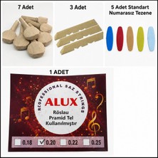 Alux Bağlama Aksesuar Set , 1 Adet Rösleu Sarma Uzun Sap Tel , 7 Adet Akgürgen Burgu, 3 Adet Alt Eşik , 5 Adet Tezene