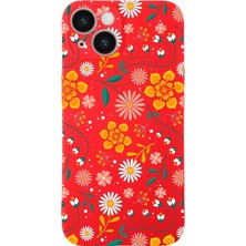 Happy Trend Apple iPhone 14 Uyumlu Lansman Kılıf Çiçek Tasarımlı Içi Kadife Kapak-Kırmızı