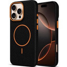 Happy Trend Apple iPhone 11 ile Uyumlu Deri Görünmlü 2,5mm Kamera Koruma Çıkıntı Koruma Cowboy Magsafe ile Uyumlu Iç Kadife Yüzeyli Silikon Kılıf Siyah-Turuncu