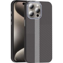 Happy Trend iPhone 15 Pro Max Kılıf Karbon Fiber Gör. M-Safe Şarj Özellikli Ince Lüx Kapak Gri-Siyah
