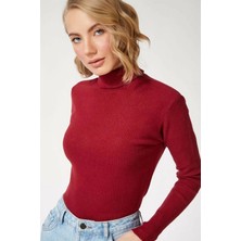 Tarz Yeri Kadın Tam Boğazlı Fitilli Kaşkorse Triko Likralı Extra Dar Kesim Slimfit Yumuşak - Bordo