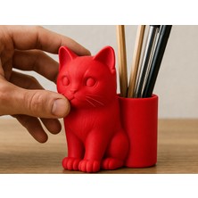 Bezos 3D Baskı Kedi Figürlü Kalemlik - Masaüstü Organizer - Kırmızı