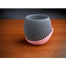 Bezos 3D Baskı Küre Saksı - Kafes Dokulu Iki Parçalı Dekoratif Saksı - Gri-Pembe