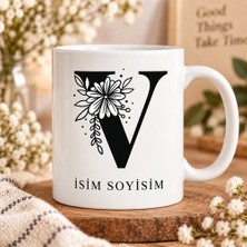 Ajans 313 Kişiye Özel Baş Harf ve Isim Yazılı Çiçek Motifli V Harfli Seramik Kupa Bardak