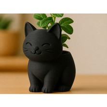 Bezos 3D Baskı Sevimli Kedi Saksı - Figürlü Sukulent Saksısı-Siyah