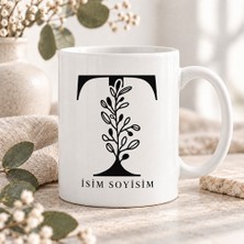 Ajans 313 Kişiye Özel Baş Harf ve Isim Yazılı Modern Botanik Desenli Seramik Kupa Bardak