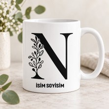 Ajans 313 Kişiye Özel Baş Harf ve Isim Yazılı Minimalist Botanik Desenli Seramik Kupa Bardak