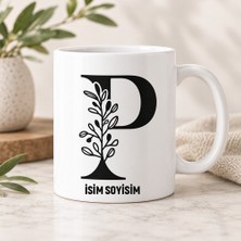 Ajans 313 Kişiye Özel Baş Harf ve Isim Yazılı Modern Yaprak Desenli Seramik Kupa Bardak