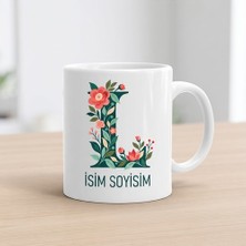 Ajans 313 Kişiye Özel Baş Harf ve Isim Yazılı Çiçek Motifli L Harfli Seramik Kupa Bardak