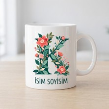 Ajans 313 Kişiye Özel Baş Harf ve Isim Yazılı Çiçek Motifli K Harfli Seramik Kupa Bardak